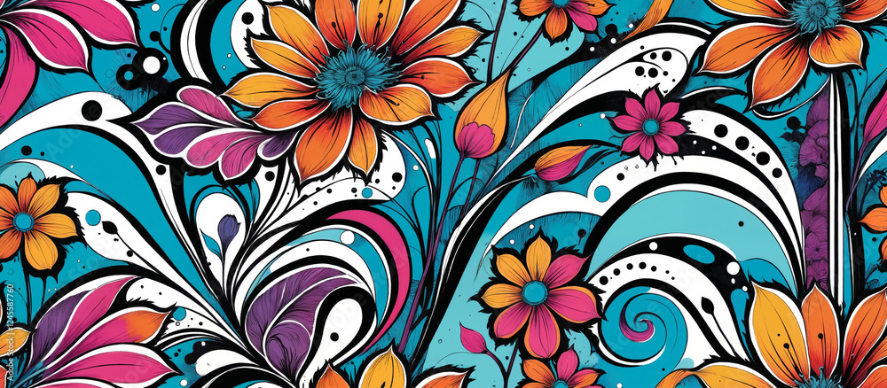 Fototapeta premium Pattern. Vibrant Flower Pattern with Abstract Swirls