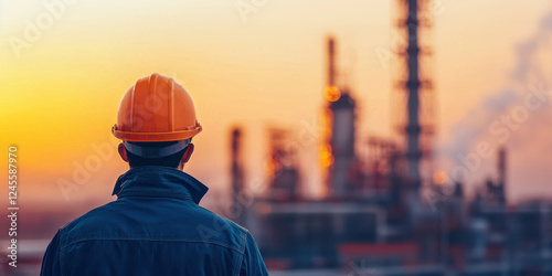 worker in hard hat observes industrial landscape at sunset, showcasing refinery with smoke stacks against vibrant sky, reflecting moment of contemplation