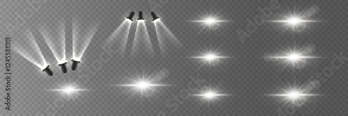 Set of light stars and flare, light spotlights, podium light. On a transparent background.