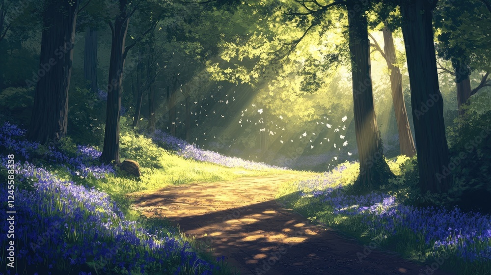 Fototapeta premium Sunlight filtering through tall trees, illuminating a path surrounded by bluebells.