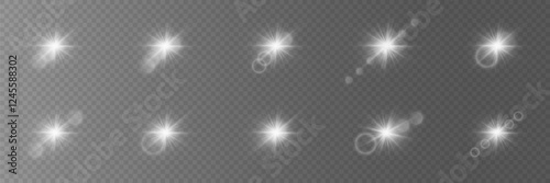 Set of white stars. Light effect of glow and flare, sparkle, glare, explosion, solar flare, sparks and stars.