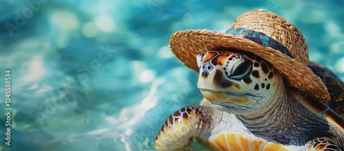 Calm turtle in a straw hat swims in a turquoise tropical sea with soft oil painting textures, blending natural beauty and artistic flair. photo