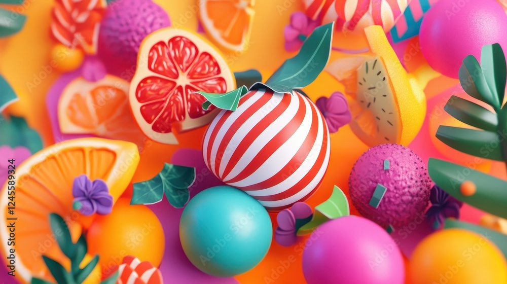 Fototapeta premium Colorful Vibrant 3D Fruits and Decorative Elements on Bright Background