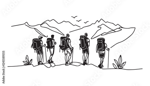 Continuous one single minimal line drawing Hikers