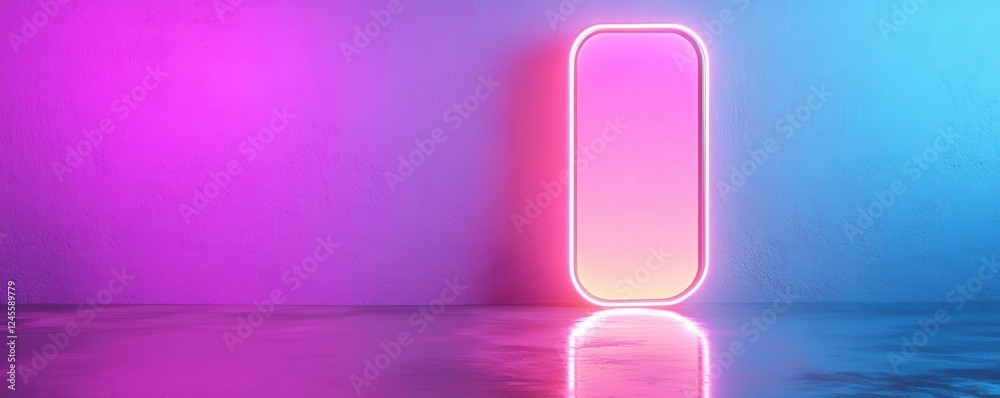 A glowing, rectangular neon light stands against a vibrant, gradient background of pink and blue, reflecting on a smooth surface. A glowing, rectangular neon light stands against a vibrant, gradient background of pink and blue, reflecting on a smooth surface.