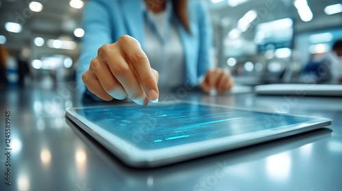Woman using digital tablet with data.