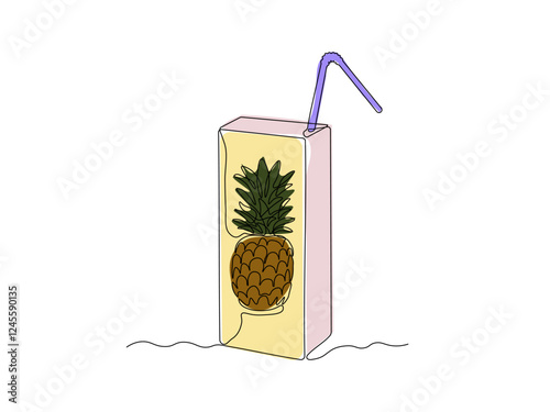 Abstract pineapple, ananas juice pack with straw, continuous single one line art hand drawing sketch logo