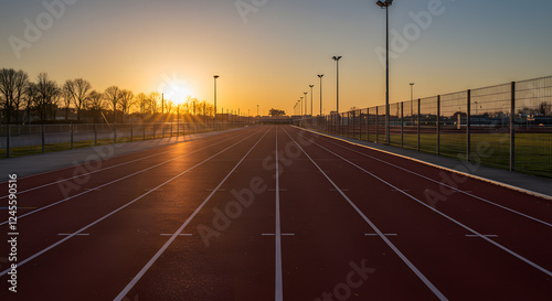 Empty Running Track at Sunset, Perfect for Sport Photos. A long, empty running track at sunset