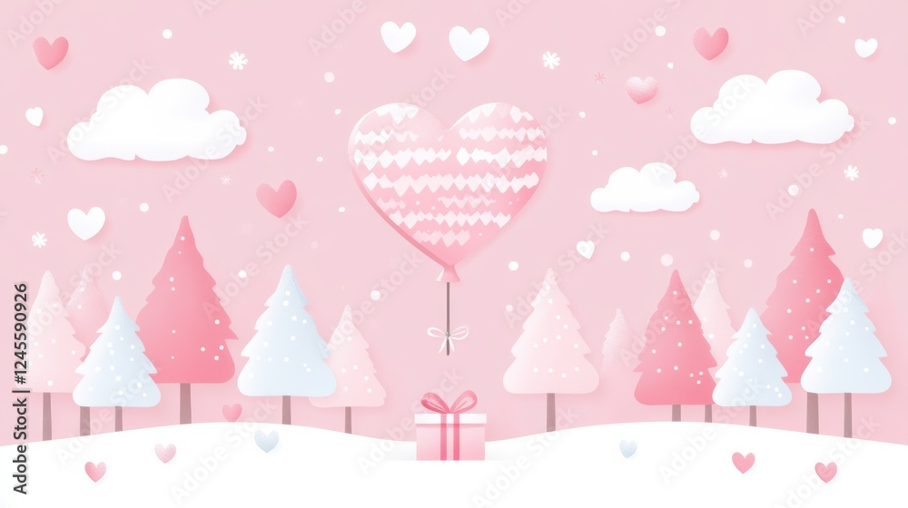 Flying Heart Balloon with Gift Box and Clouds. Flying Heart Balloon with Gift Box and Clouds.