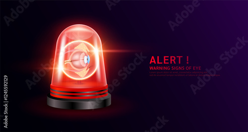 Eyeball organ human inside red siren light. Danger signs of eye disease. Warning flasher alert emergency. Medical distress signal. Vector EPS10.