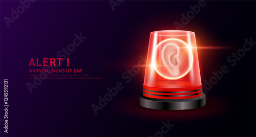 Ear organ human in red siren light. Danger signs of chronic otitis media disease. Warning flasher alert emergency. Medical distress signal. Vector EPS 10.