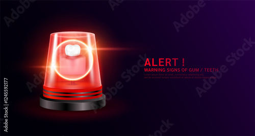 Gum and teeth in red siren light. Danger signs of gingivitis disease. Warning flasher alert emergency. Medical distress signal. Vector EPS 10.