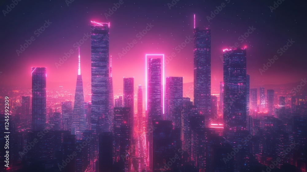 Obraz premium Pink neon cityscape, futuristic skyline, night, advertisement
