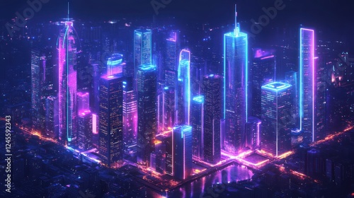 Wallpaper Mural Neon cityscape at night, aerial view, glowing skyscrapers, futuristic backdrop, tech concept Torontodigital.ca