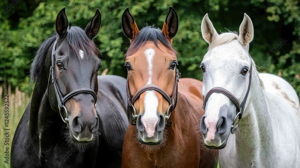 Obraz premium Three horses, field, summer, portrait, equine photography
