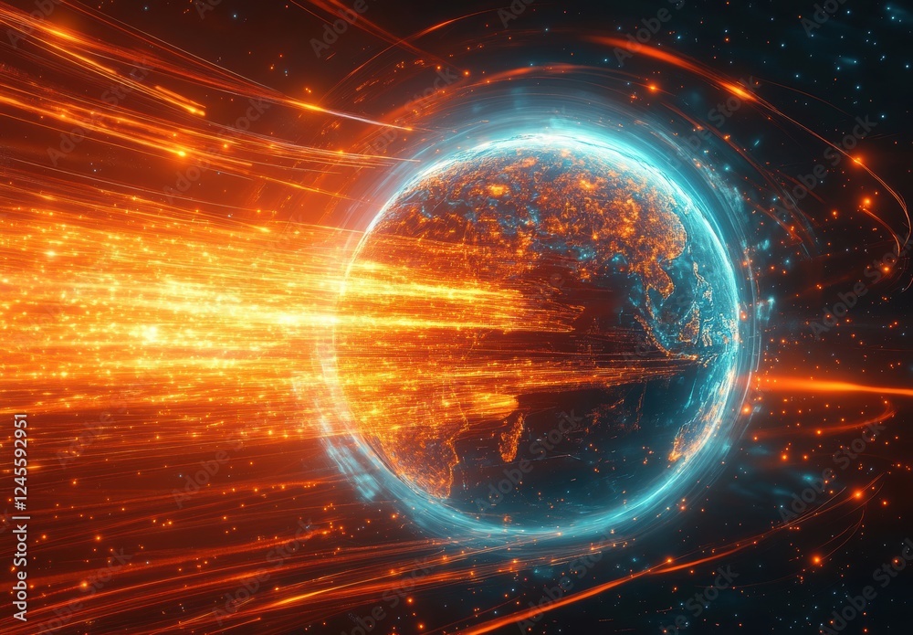 Fototapeta premium A Glowing Earth Surrounded by Bright Trails of Light in a Cosmic Scene Showcasing Energy Flow and Digital Transformation in Outer Space