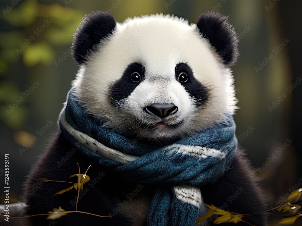 Fototapeta premium the AI Image Generator, Adorable Panda Wearing Scarf Amidst Bamboo