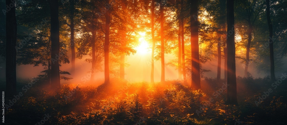 Sunset illuminating a misty forest with golden rays piercing through tall trees surrounded by green foliage creating a serene atmosphere. Sunset illuminating a misty forest with golden rays piercing through tall trees surrounded by green foliage creating a serene atmosphere.