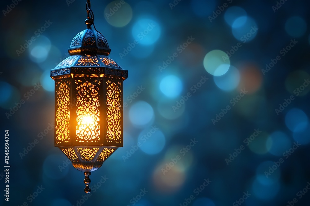 Illuminated ornate lantern against bokeh background. Illuminated ornate lantern against bokeh background.