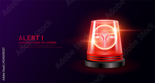 Uterus female inside red siren light. Danger signs of endometritis disease. Warning flasher alert emergency. Medical distress signal. Vector EPS10.