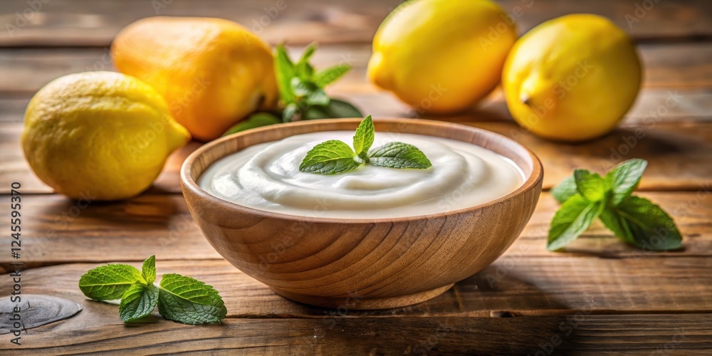 Creamy Yogurt with Lemon and Mint in Wooden Bowl on Rustic Table Creamy Yogurt with Lemon and Mint in Wooden Bowl on Rustic Table