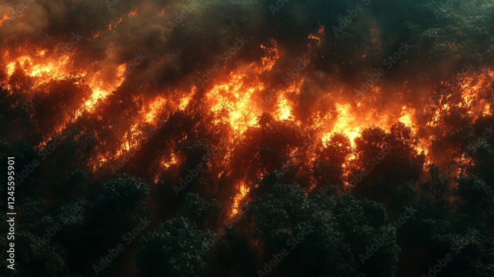 A forest fire from above, with glowing embers and smoke filling the air A forest fire from above, with glowing embers and smoke filling the air