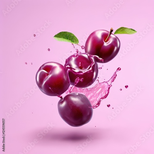 the AI Image Generator, Fresh Red Plums with Water Droplets and Leaves