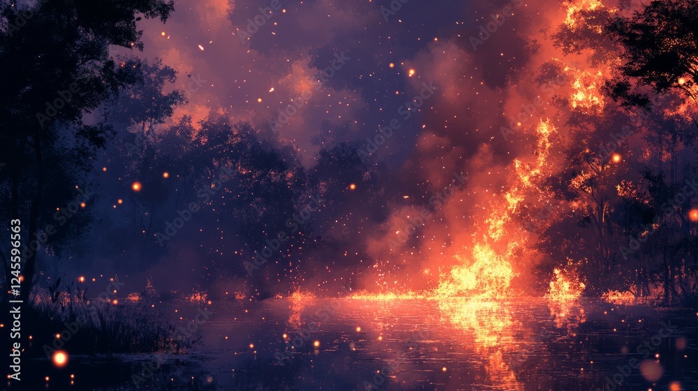 Naklejka premium A forest fire spreading towards a nearby clearing, with sparks flying through the air