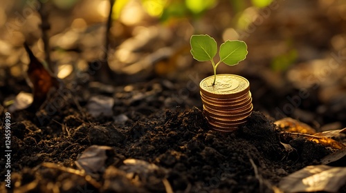 Wallpaper Mural Growth, Investment, and Financial Prosperity: A Young Sprout Emerging from a Stack of Golden Coins Planted in Rich Soil Torontodigital.ca