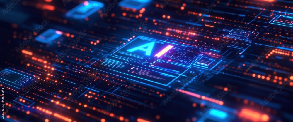 Obraz premium Abstract representation of artificial intelligence with glowing circuitry and data patterns showcasing technology innovation and digital transformation in vibrant colors