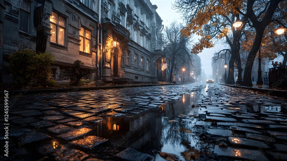 Fototapeta premium Rainy evening scene in a charming old city street with autumn foliage cobblestone pathway and reflected lights from street lamps and buildings creating a nostalgic melancholic and romantic atmosphere