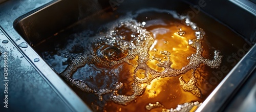 Grease trap with bubbling brown wastewater and oily residue in stainless steel sink, highlighting the separation of fats and fluids in industrial settings. photo