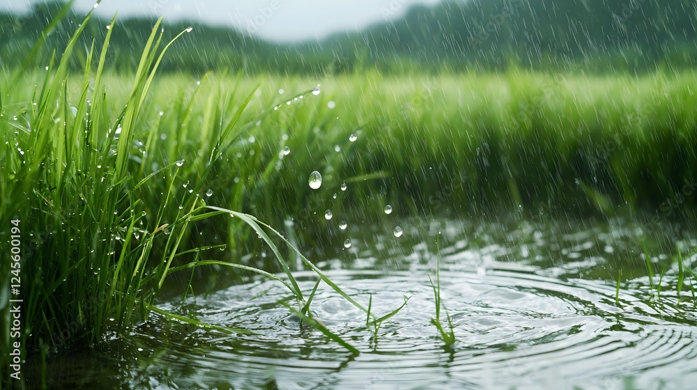 Raindrops gently falling on the lush green grass in a picturesque spring meadow creating a serene and refreshing natural scene Raindrops gently falling on the lush green grass in a picturesque spring meadow creating a serene and refreshing natural scene