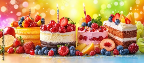 Fototapeta Naklejka Na Ścianę i Meble -  Vibrant birthday celebration card featuring delectable cakes with fresh fruits on a colorful rainbow backdrop showcasing vivid red, yellow, and green hues.
