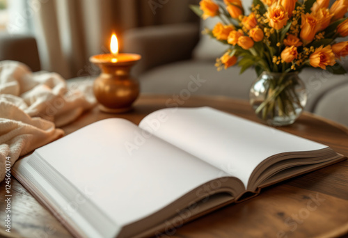 Open Book with Candle and Flowers Cozy Reading Scene