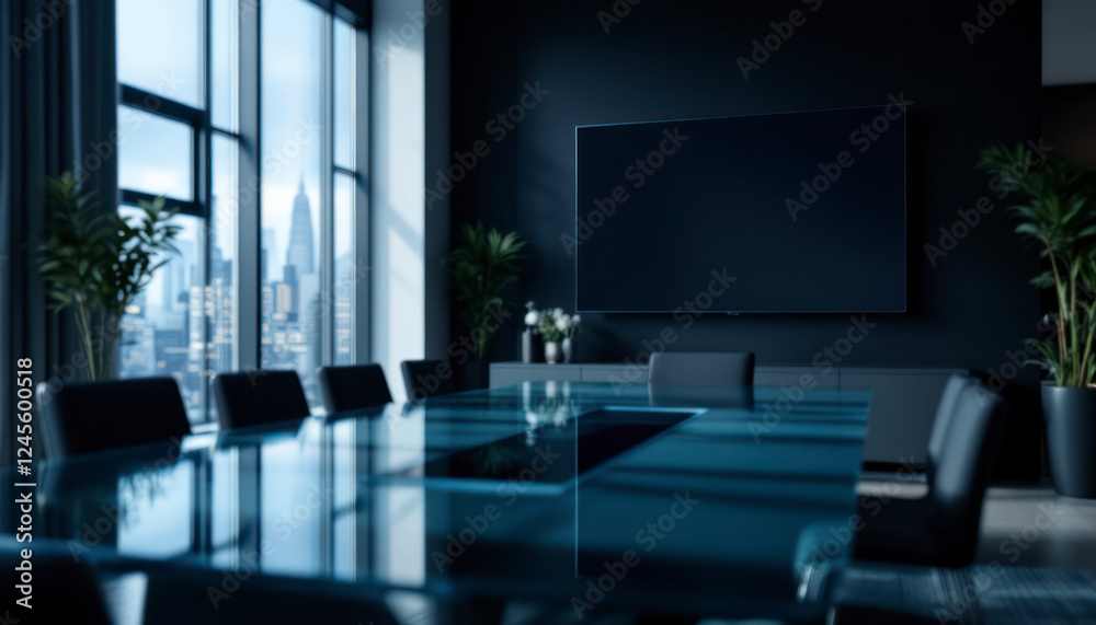 Modern Conference Room with City View and Large Screen Modern Conference Room with City View and Large Screen
