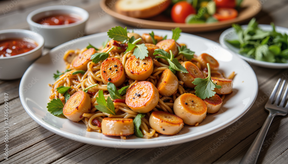 Plate of pasta with scallops and fresh herbs Plate of pasta with scallops and fresh herbs