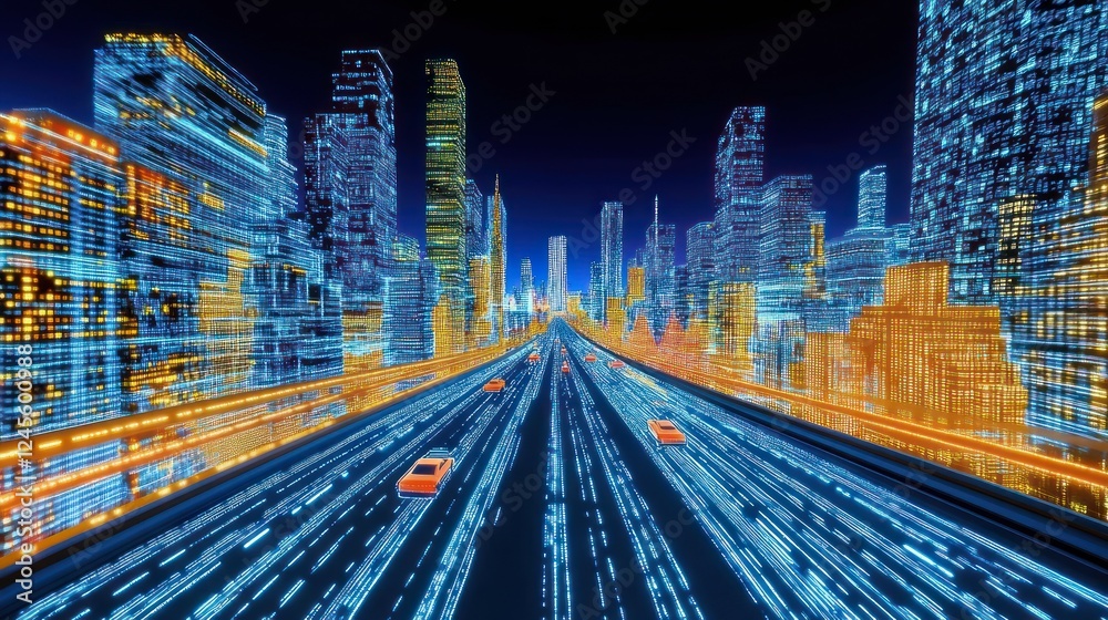 Fototapeta premium Futuristic city highway night traffic data flow