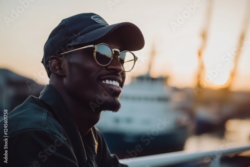 Young Man with Sunglasses Enjoying Scenic View on Sunset Cruise