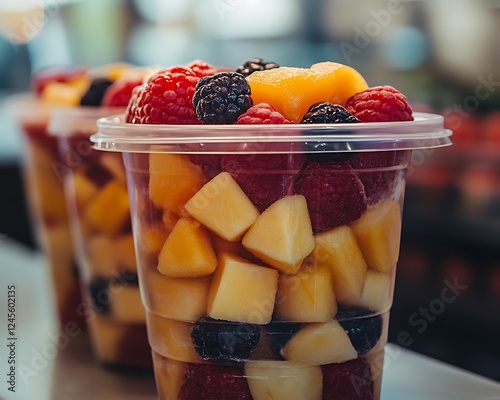 Fresh fruit salad in plastic cups.
