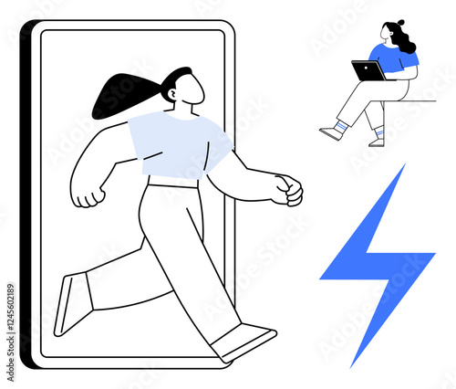 Woman runs out of a smartphone screen, while another woman works on a laptop nearby. Blue lightning bolt symbolizing energy and power. Ideal for technology, digital transformation, innovation, online