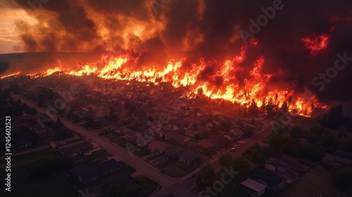 A top-down perspective of a wildfire encroaching on the outskirts of a small town 