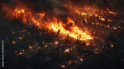 A top-down perspective of a wildfire encroaching on the outskirts of a small town 