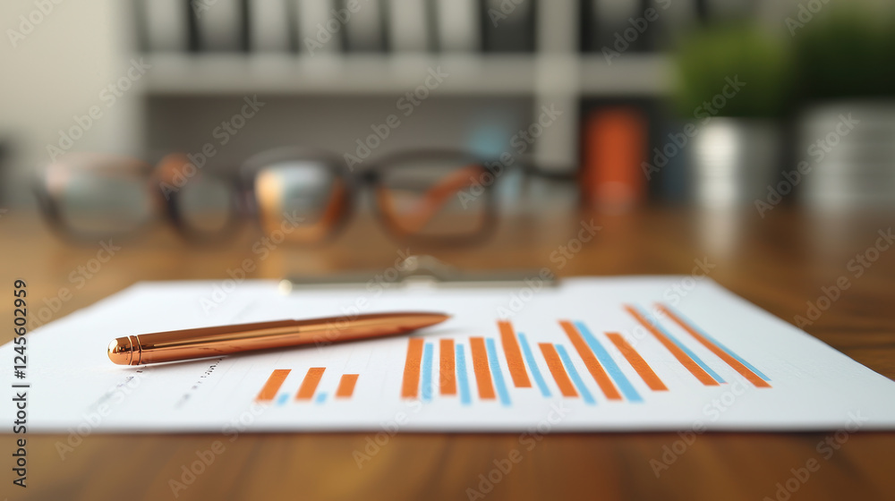 close up view of pen on document with colorful bar graphs, alongside glasses, set against blurred office background, creating professional atmosphere close up view of pen on document with colorful bar graphs, alongside glasses, set against blurred office background, creating professional atmosphere