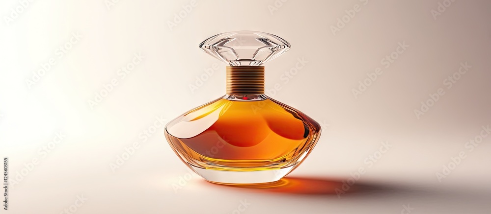 Elegantly designed amber perfume bottle with a crystal top positioned against a soft beige background, showcasing its captivating essence and allure Elegantly designed amber perfume bottle with a crystal top positioned against a soft beige background, showcasing its captivating essence and allure