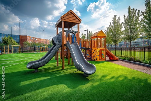 Modern children's playground with green artificial grass, pirate ship slide, yellow climbing frame, colorful playhouse near football field, wide-angle view in natural light.