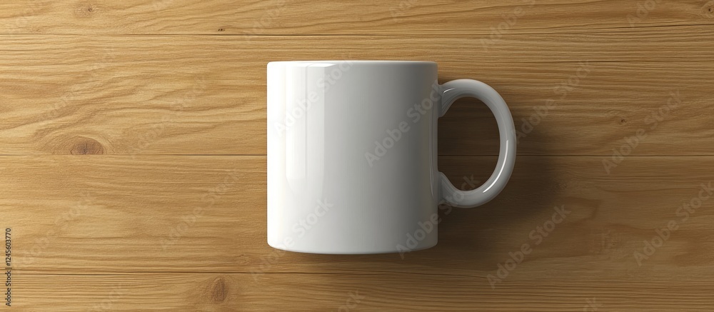 Top down view of a blank white coffee mug mockup on a warm light brown wooden surface with clear natural grain and texture backdrop Top down view of a blank white coffee mug mockup on a warm light brown wooden surface with clear natural grain and texture backdrop