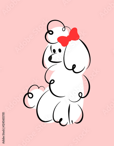Hand drawn illustration of white poodle with bow on pink background, suitable for decor, logo of pastry shop or grooming salon.