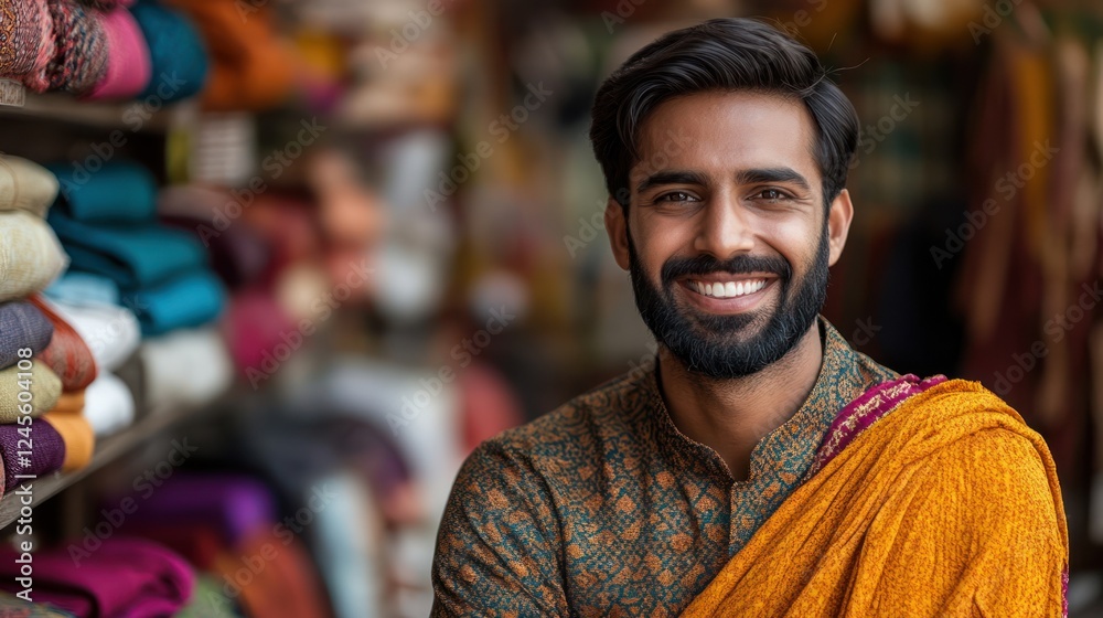 Fototapeta premium Smiling young man in traditional Indian clothing in a textile shop.