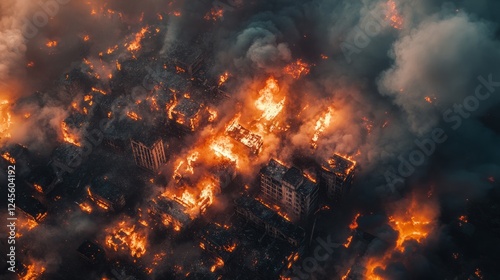 A top-down view of a burning city block, flames and smoke engulfing structures 